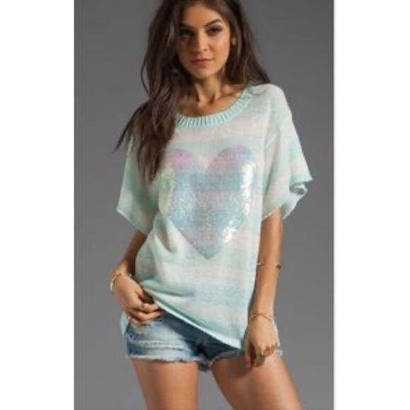 WILDFOX Bridgitte SEQUIN HEART STRIPED Sweater AQUA S Wool Blend boxy Fairy Tee - Picture 1 of 6